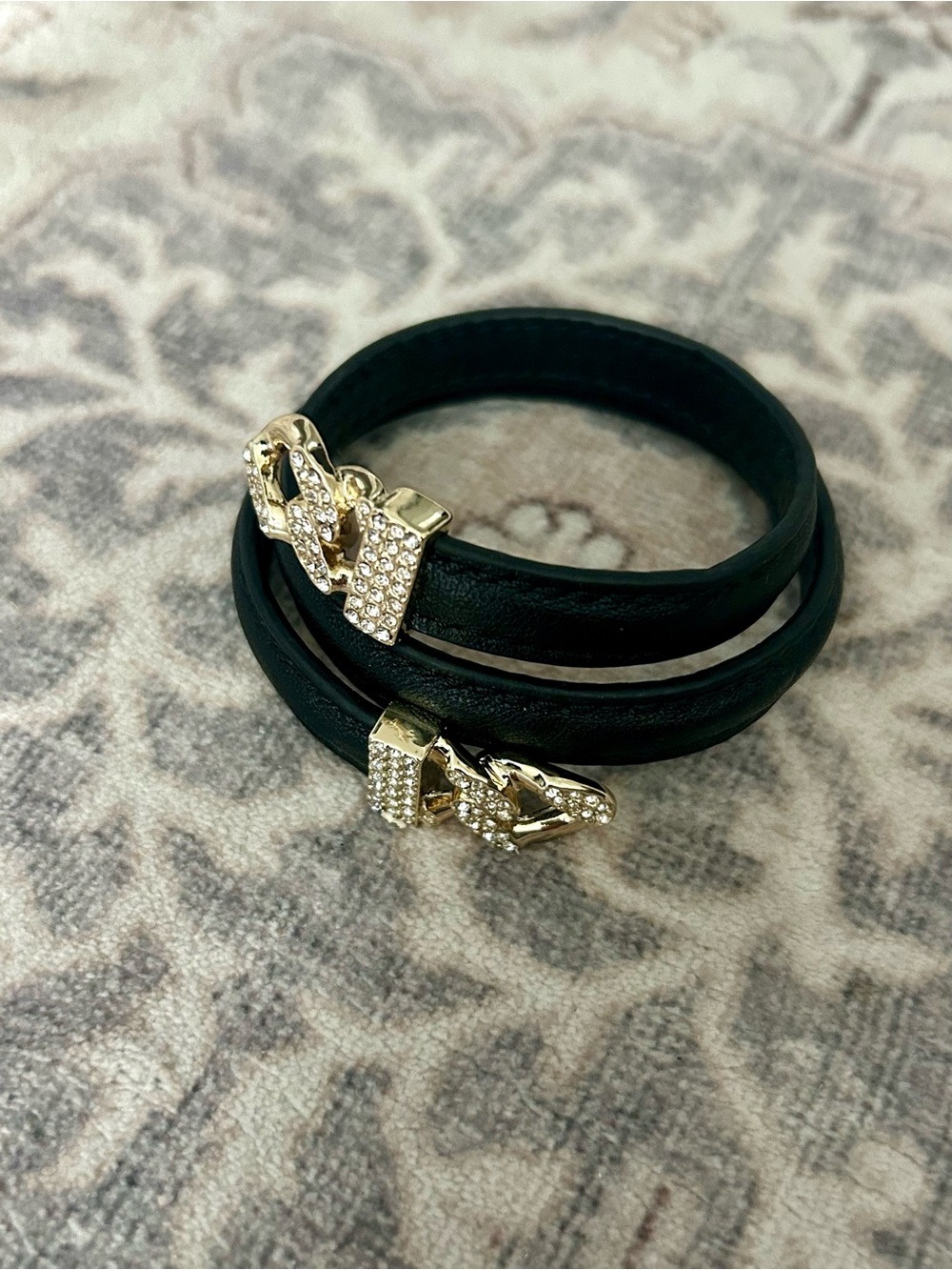 Gold-Accent Black Leather Wrap Bracelet